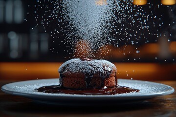 Wall Mural - Chocolate Cake with Powdered Sugar and Chocolate Sauce