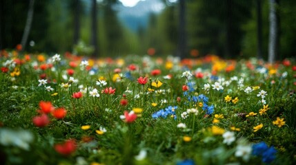 lush verdant forest floor blanketed with a vibrant array of wildflowers in the aftermath of a heavy 