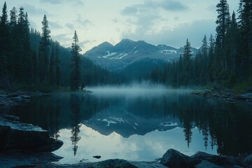 Wall Mural - Misty Mountain Lake Reflecting Sky and Trees