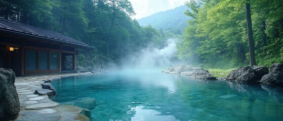 Tranquil Forested Valley Onsen: Serene Turquoise Hot Spring Retreat