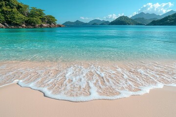 Wall Mural - Foamy Wave on a Tranquil Beach with Mountainous Islands in the Background