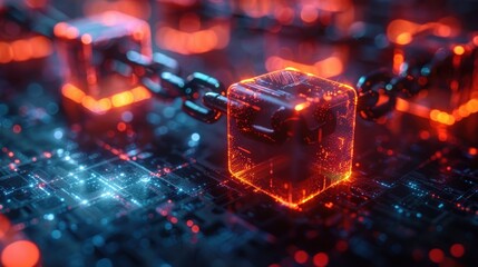 A glowing chain links together digital blocks, representing blockchain technology, on a circuit board.