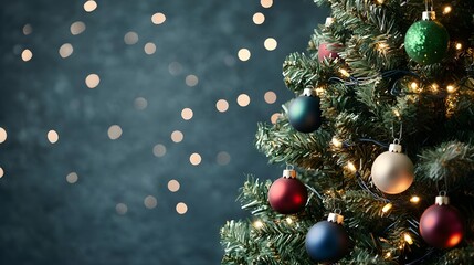 Poster - Christmas Tree with Ornaments and Lights, Blue Background