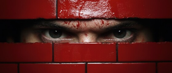 Poster - Intense eyes peering through a red barrier