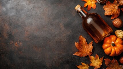 Wall Mural - Autumn-themed setup with bottle, pumpkins, leaves, nuts, on dark rustic background