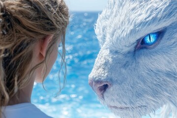 Wall Mural - close-up of a person's face next to a white furry animal with blue eyes