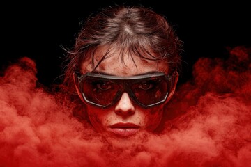 Poster - intense close-up of a person with red hair and goggles