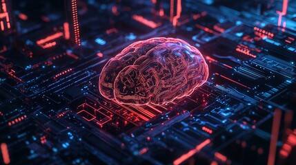 3D render of an AI brain with floating data points and futuristic holographic elements