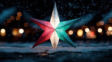 Wall Mural - Colorful Christmas star in snowy winter scene