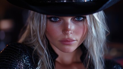 Canvas Print - Intense female gaze with dark makeup and hat