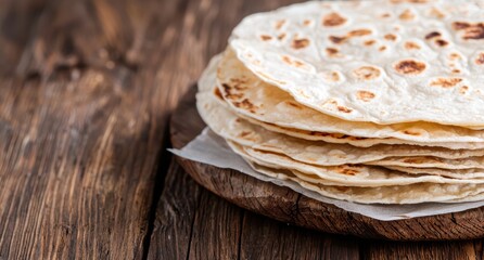 Freshly baked tortillas stacked on a wooden board