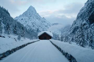 Canvas Print - Snowy mountain cabin in winter landscape