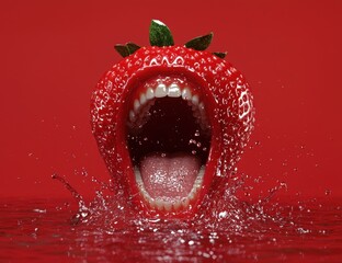 Poster - Juicy red strawberry with open mouth