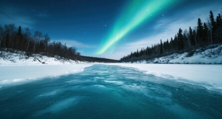 Poster - Breathtaking aurora borealis over frozen lake in snowy forest