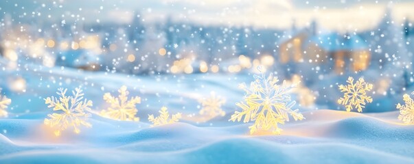 Wall Mural - Glowing Snowflakes on Snowy Winter Landscape