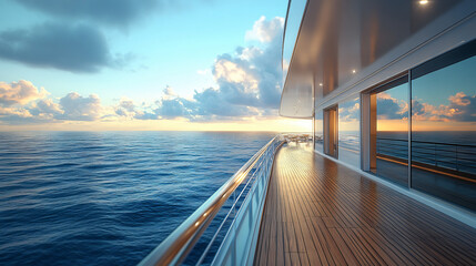 Wall Mural - luxury yacht deck with sunset view - modern design, open space, ocean horizon, wooden floor, calm se