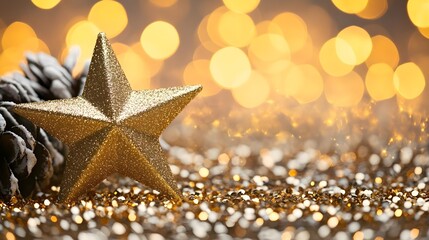 Poster - Golden Star with Glitter and Bokeh Lights - Christmas Decoration