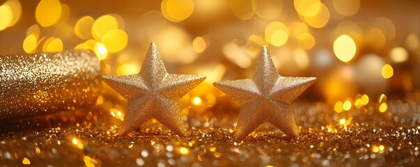 Canvas Print - Golden Stars Christmas Decoration Glitter Bokeh Background