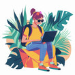 © Isaiah - student laptop female outdoors nature casual modern studying working backpack glasses plants island style technology leisure fashion illustration