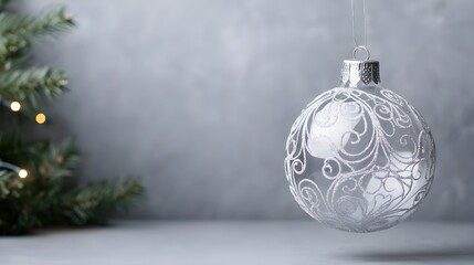 Canvas Print - Silver Christmas Ornament Hanging Against Gray Background