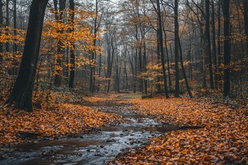 Wall Mural - A Winding Creek Through a Forest of Autumn Trees