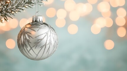 Canvas Print - Silver Christmas Ornament on Snowy Branch with Bokeh Lights