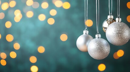 Poster - Silver Christmas Ornaments Hanging Against Teal Bokeh Background