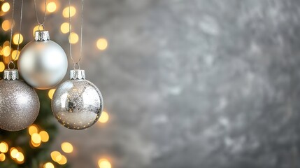 Poster - Silver Christmas Ornaments with Lights and Copy Space