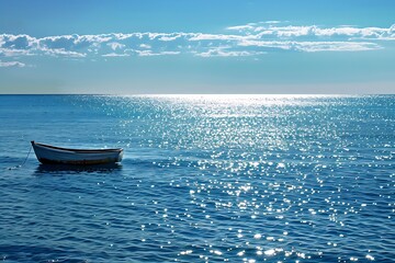 Fishing boat in the sea on a background of blue sky