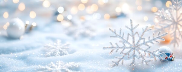 Poster - Sparkling Snowflake on Snowy Background, Christmas Decor