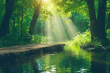 Wall Mural - Sunbeams Shining Through Forest Canopy onto Wooden Bridge and Still River