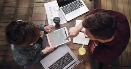 Poster - Planning, meeting and teamwork with business people in cafe for creative, strategy and digital brainstorming. Documents, laptop and tablet from above in coffee shop for collaboration and online idea