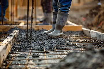 Worker pouring concrete in formwork at construction site, closeup