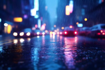 Wall Mural - Rainy Night Cityscape with Neon Lights and Reflections