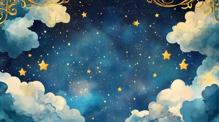 Sticker - Watercolor Night Sky with Golden Stars and Clouds