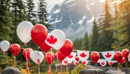 Wall Mural - Isolated Canada Day decoration with depth of field capturing red and white balloons