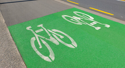 Close up of bike symbol on green cyclist bike lane in capital city of Wellington, New Zealand Aotearoa