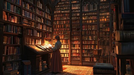 A librarian organizing books on a shelf in a quiet, cozy library.