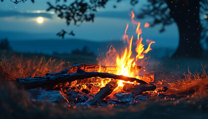 A serene night scene with burning charcoal and bright flames.