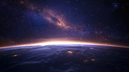 A space scene with Earth glowing among a sea of stars, floating in the universe