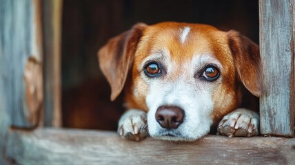 Wall Mural - Brown and white dog peeks through wooden fence