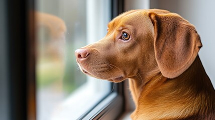 Wall Mural - Brown dog staring out of window with melancholy expression