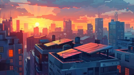 Sticker - Sunrise Cityscape with Rooftop Solar Panels