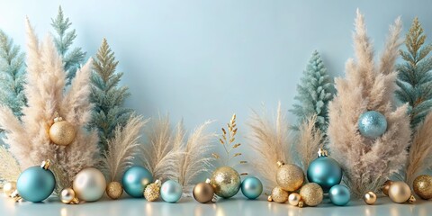 Wall Mural - Pastel blue and gold festive scenes featuring Pampas grass Christmas decorations