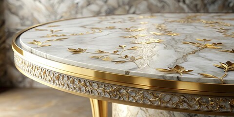 Wall Mural - Close up of luxurious marble table with elegant gold leaf accents and intricate marble pattern design