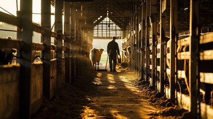 Wall Mural - Farmer in a Barn with Cows