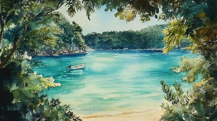 Wall Mural - A single white boat sits in a calm, turquoise bay surrounded by lush green trees.