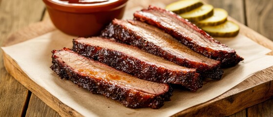 Deliciously smoked beef brisket served with pickles and barbecue sauce, perfect for food lovers and BBQ enthusiasts.