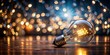 © Indigo Studio - A close up of a glowing light bulb on a table with blurred lights in the background and a dark backdrop