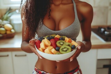 Wall Mural - Close up of athletic woman eating a healthy fruit bowl in the kitchen at home, ai